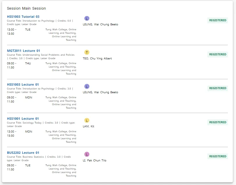 My Class Schedule List