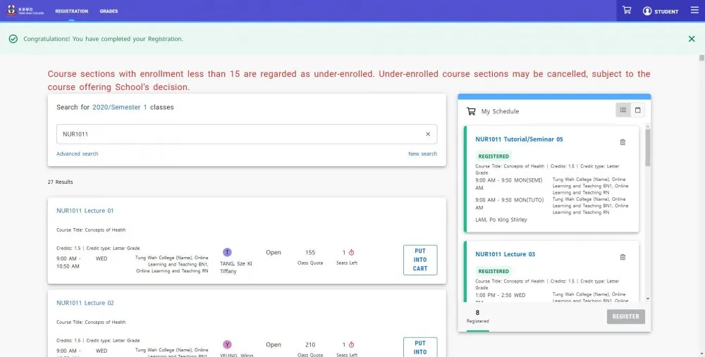 Registration Courses Added
