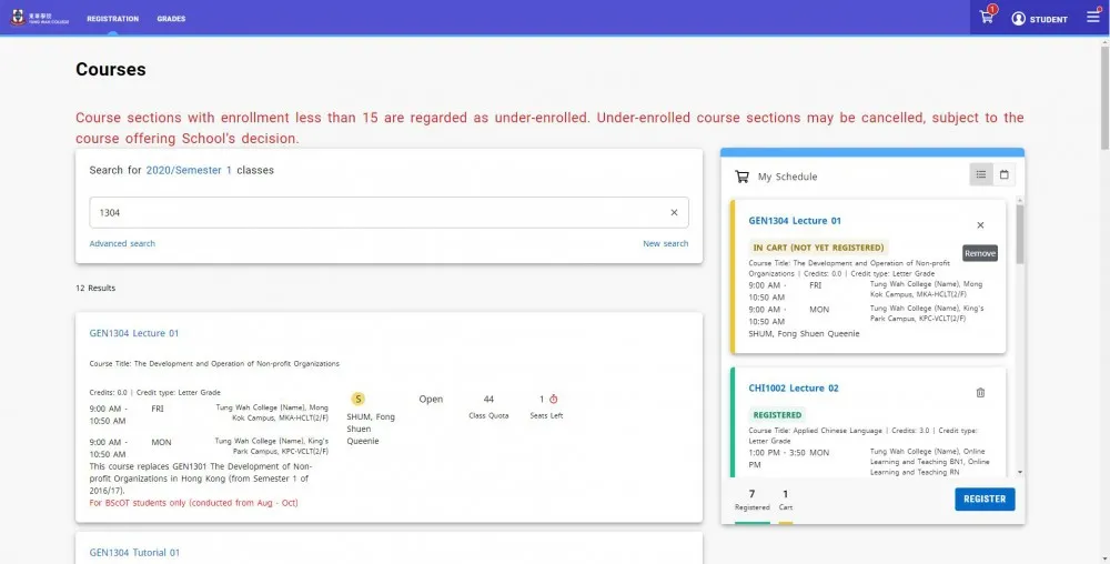 Registration - Remove Courses